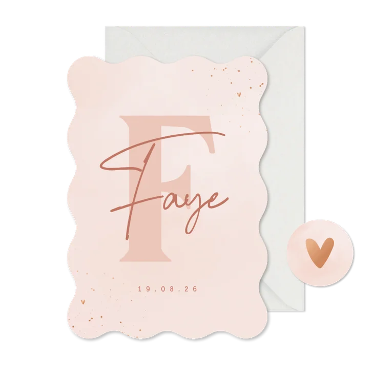 Stijlvol geboortekaartje wave voorletter baby roze wolkjes