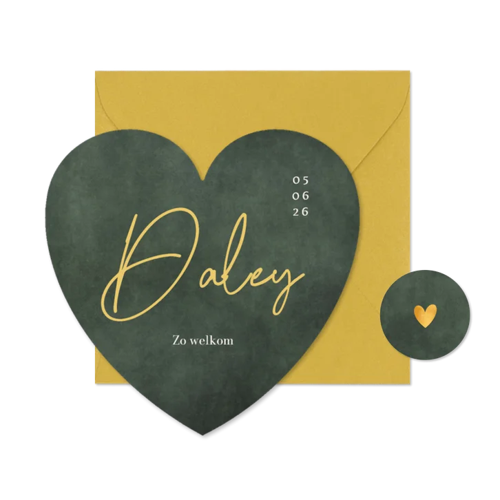 Stijlvol groengeboortekaartje jongen in hartvorm uitgesneden