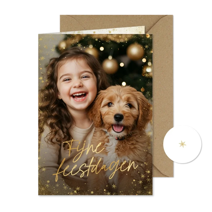 Stijlvol kerstkaartje eigen foto fijne feestdagen goud