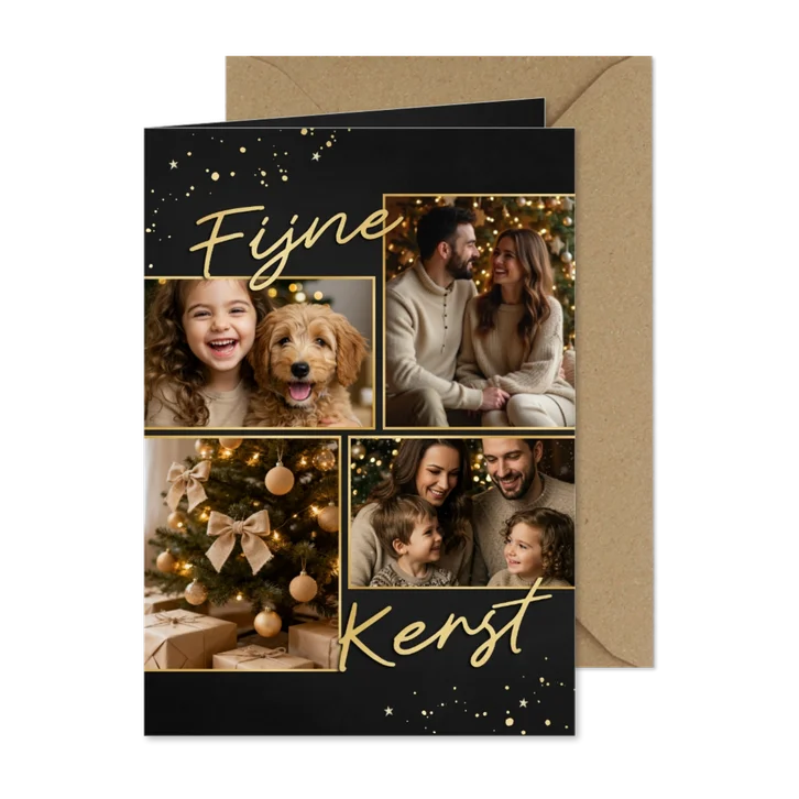 Stijlvol kerstkaartje fijne kerst collage vier foto's goud
