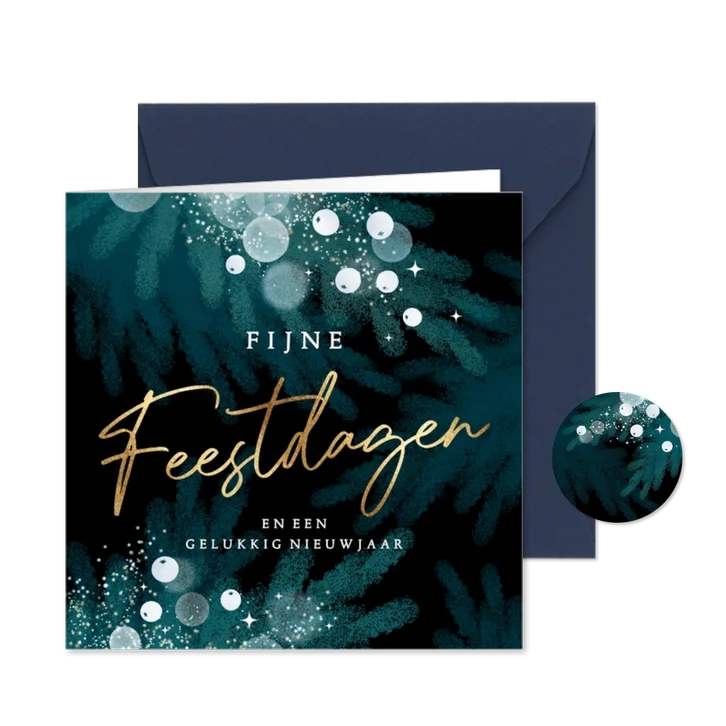 Stijlvol kerstkaartje met sjieke blauwe dennentakken