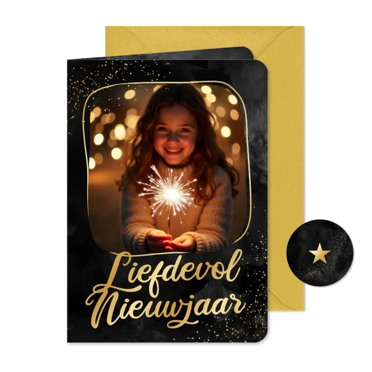 Stijlvol nieuwjaarskaartje met foto liefdevol nieuwjaar goud