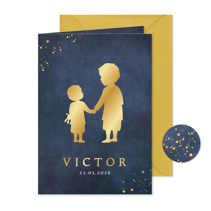 Stijlvol staand geboortekaartje met silhouet van 2 broers