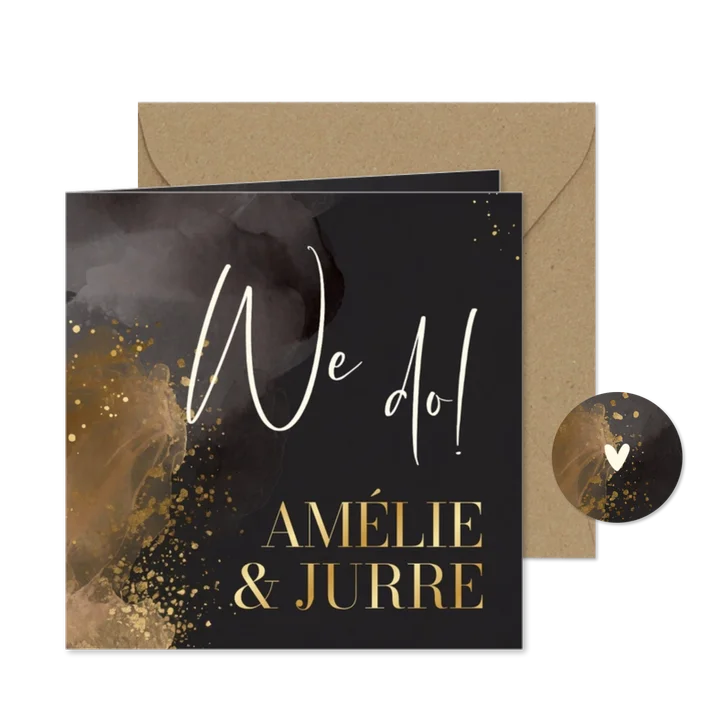 Stijlvol trouwkaartje donker grijs waterverf en goud 'we do'