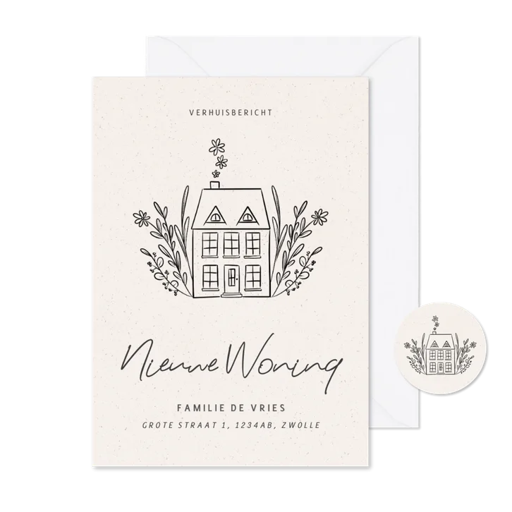 Stijlvol verhuiskaartje met illustratie huisje en bloemen