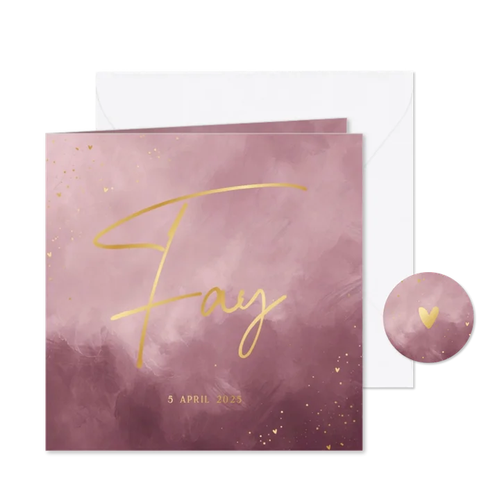 Stijlvol vierkant geboortekaartje paars waterverf goud