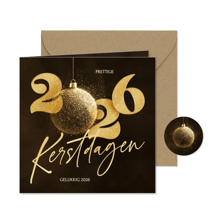 Stijlvolle 2026 kerstkaart met sprankelende kerstbal