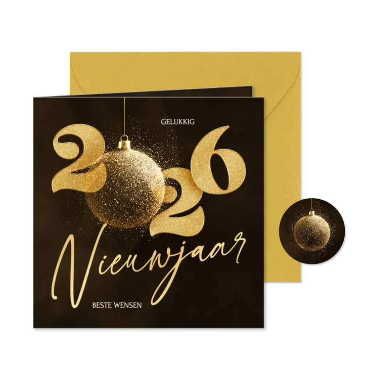 Stijlvolle 2026 nieuwjaarskaart met sprankelende kerstbal