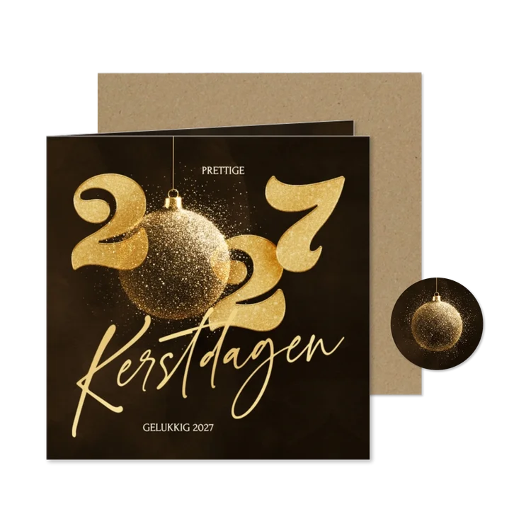Stijlvolle 2027 kerstkaart met sprankelende kerstbal