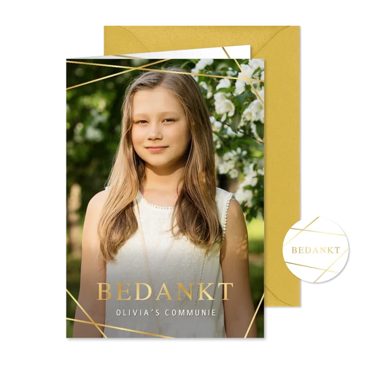Stijlvolle bedankkaart communie met eigen foto en goud
