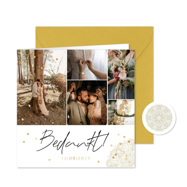 Stijlvolle bedankkaart fotocollage mandala hartjes goud