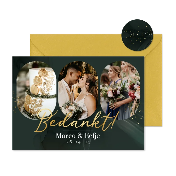 Stijlvolle bedanktkaart soft watercolor groen spetters goud