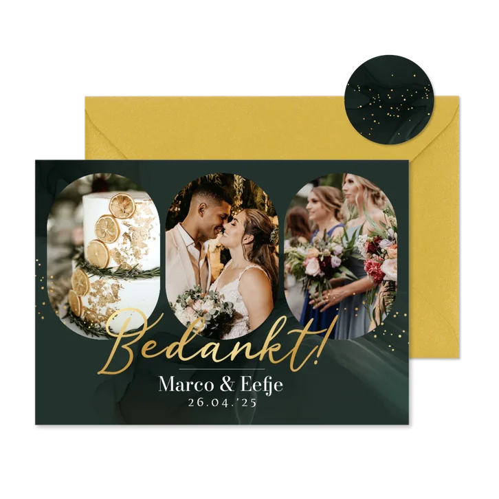 Stijlvolle bedanktkaart soft watercolor groen spetters goud