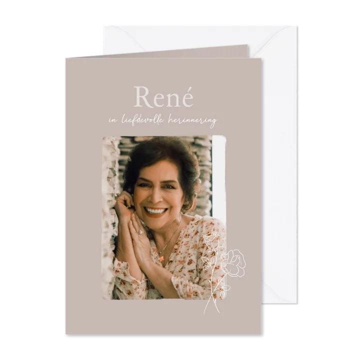 Stijlvolle beige bedankkaart met illustratie van roosje rouw