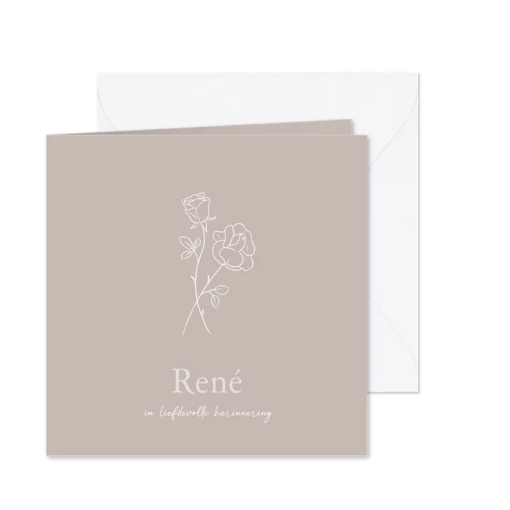 Stijlvolle beige rouwkaart met illustratie van roosje 