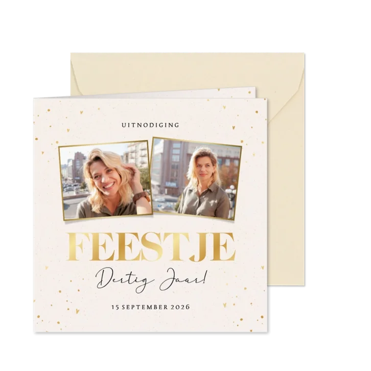 Stijlvolle beige uitnodiging verjaardag feestje met foto's