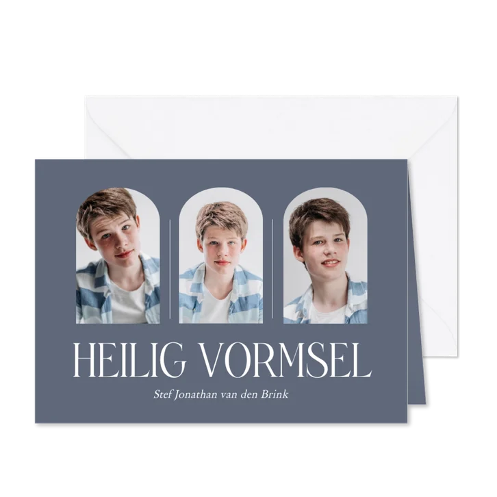 Stijlvolle blauw uitnodiging voor vormsel met eigen foto's