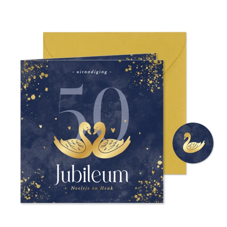 Stijlvolle blauwe 50 jubileum uitnodiging met gouden zwanen 