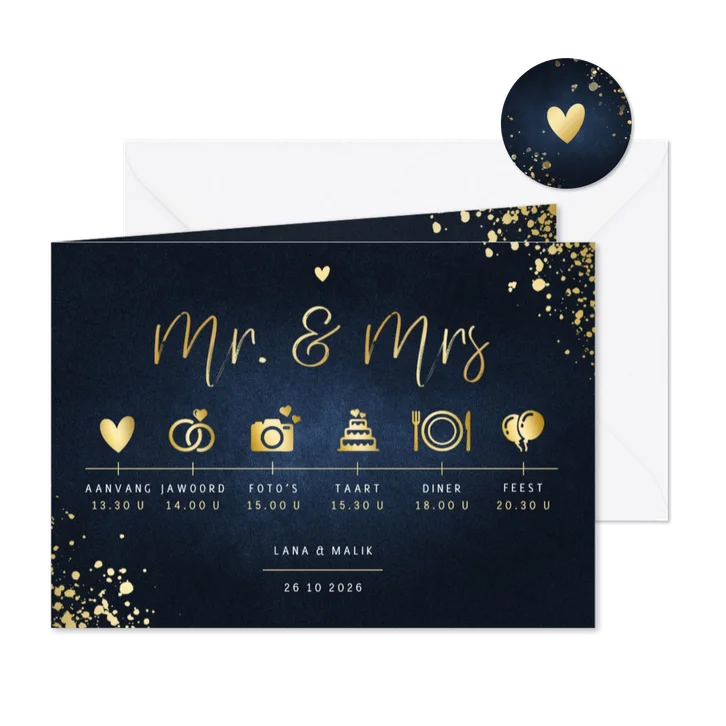 Stijlvolle blauwe tijdlijn trouwkaart goud met spetters