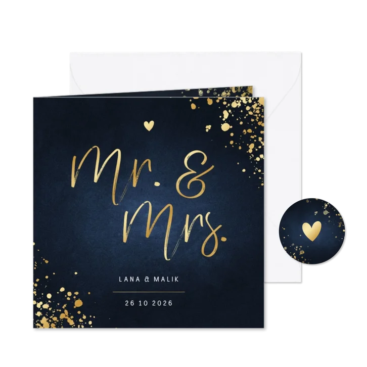 Stijlvolle blauwe trouwkaart goud met spetters