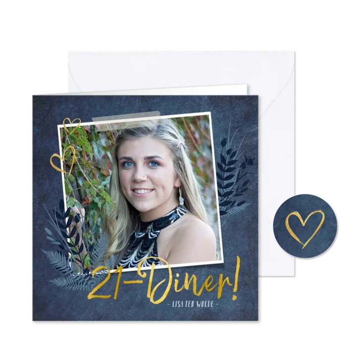 Stijlvolle botanische 21-diner uitnodigingskaart donkerblauw