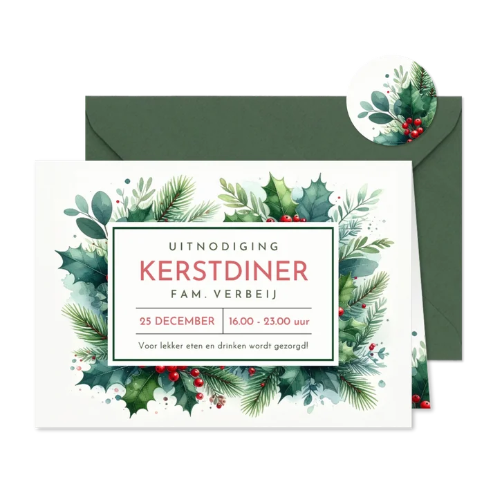 Stijlvolle botanische uitnodiging kerstdiner met takjes