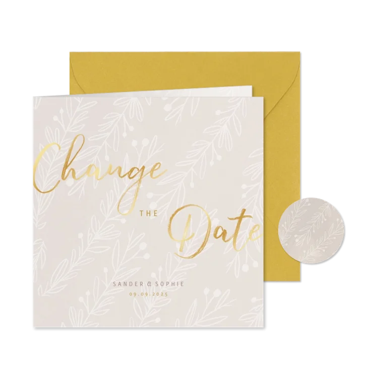 Stijlvolle Change the Date goudlook tekst naturel takjes