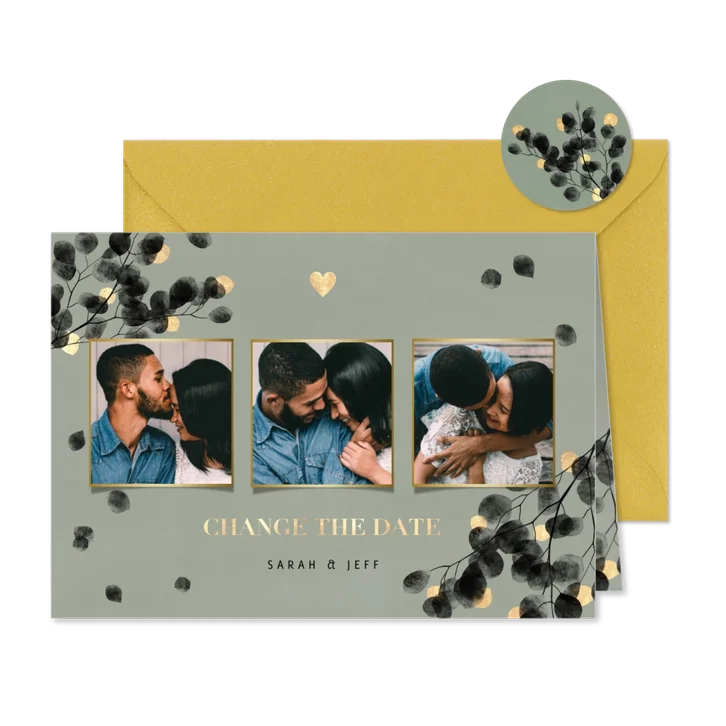 Stijlvolle change the date kaart zwarte eucalyptus en hartje