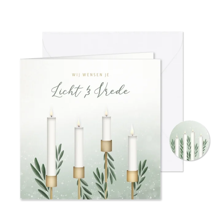 Stijlvolle Christelijke kerstkaart met 4 kaarsen en takjes