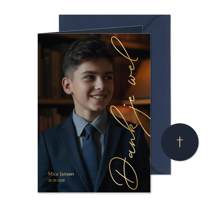Stijlvolle communie bedankkaart met grote foto en foliedruk