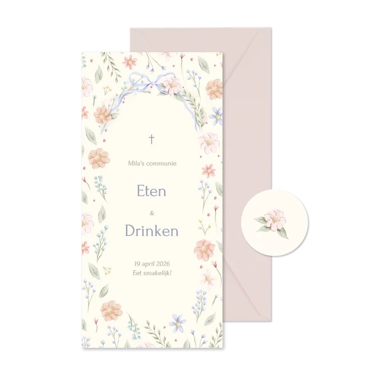 Stijlvolle communie menukaart strik met aquarel bloemen