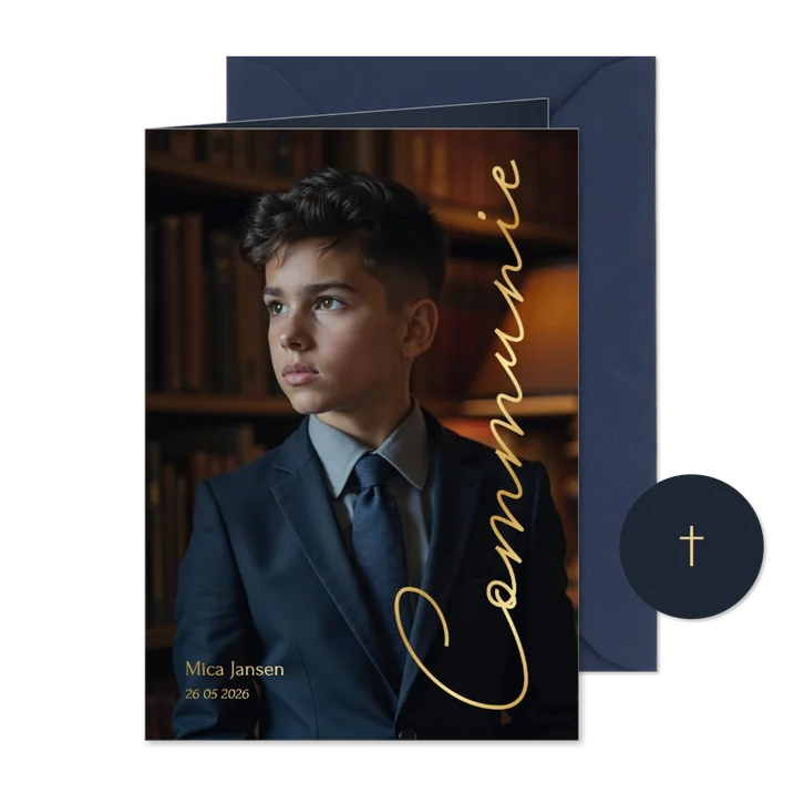 Stijlvolle communie uitnodiging met grote foto en foliedruk