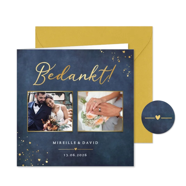 Stijlvolle donkerblauwe bedankkaart trouwdag met 2 foto's