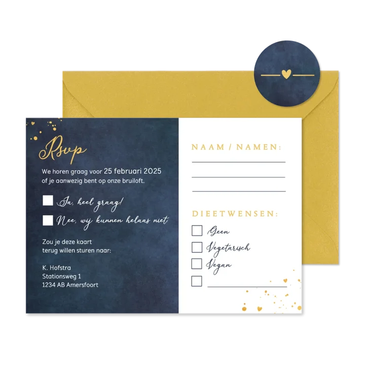 Stijlvolle donkerblauwe enkele rsvp kaart met invulvelden