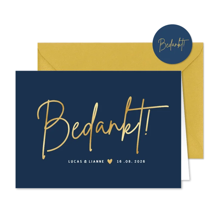 Stijlvolle donkerblauwe minimalistische bedankkaart trouwen 