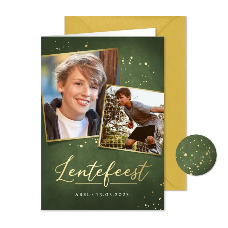 Stijlvolle donkergroene uitnodiging lentefeest met 2 foto's