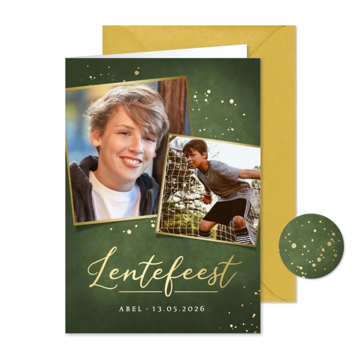 Stijlvolle donkergroene uitnodiging lentefeest met 2 foto's