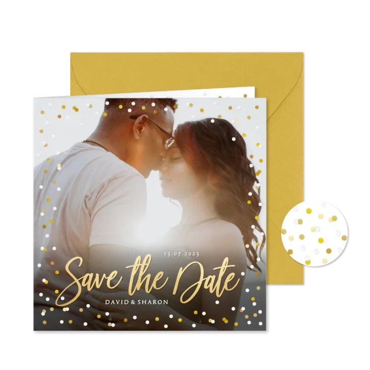 Stijlvolle feestelijke Save the Date kaart met eigen foto