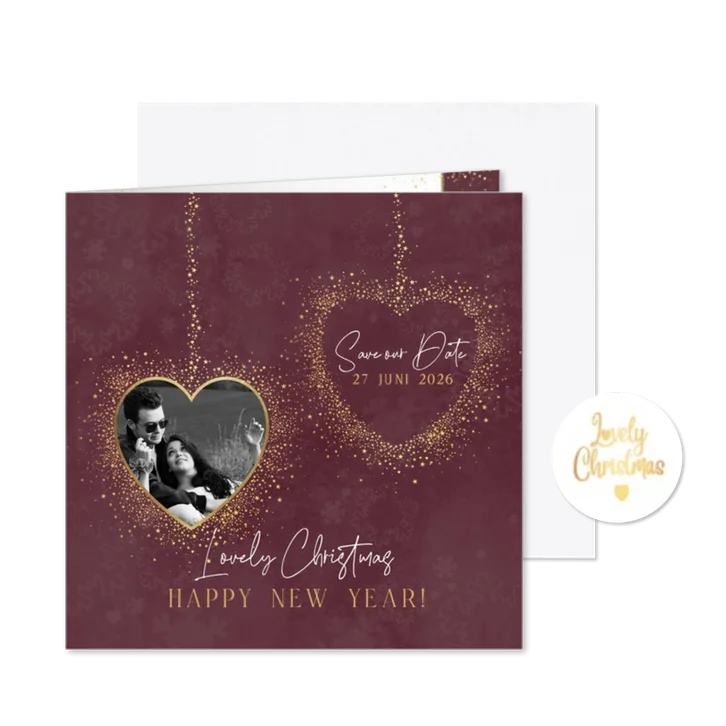 Stijlvolle foto kerst save the date kaart kerstbal hartjes