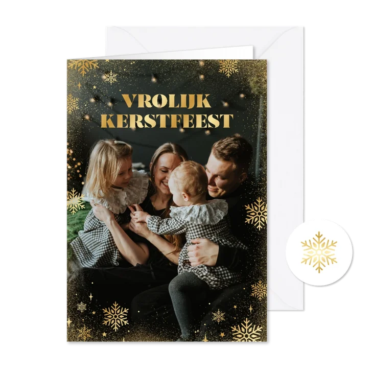Stijlvolle foto kerstkaart met gouden sneeuwvlokken