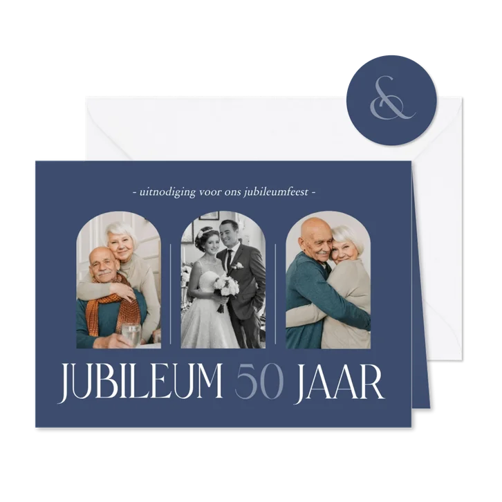 Stijlvolle fotocollage jubileumkaart donkerblauw