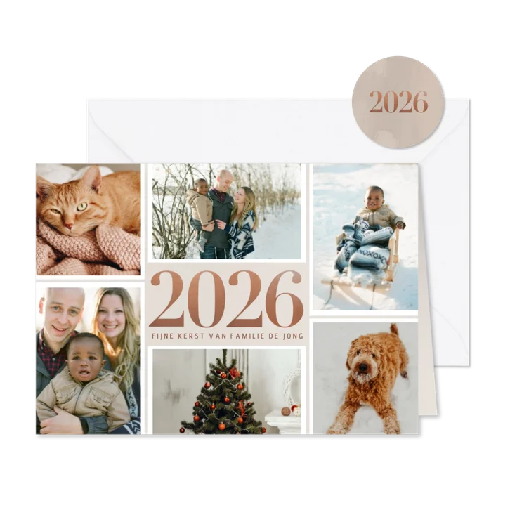 Stijlvolle fotocollage kerstkaart met 2026 in rosé goud