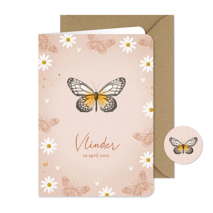 Stijlvolle geboortekaart met vlinders en madeliefjes