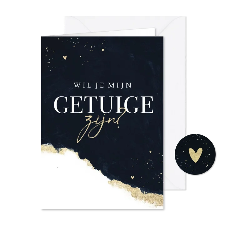 Stijlvolle getuige trouwkaart met inkt verf en goud
