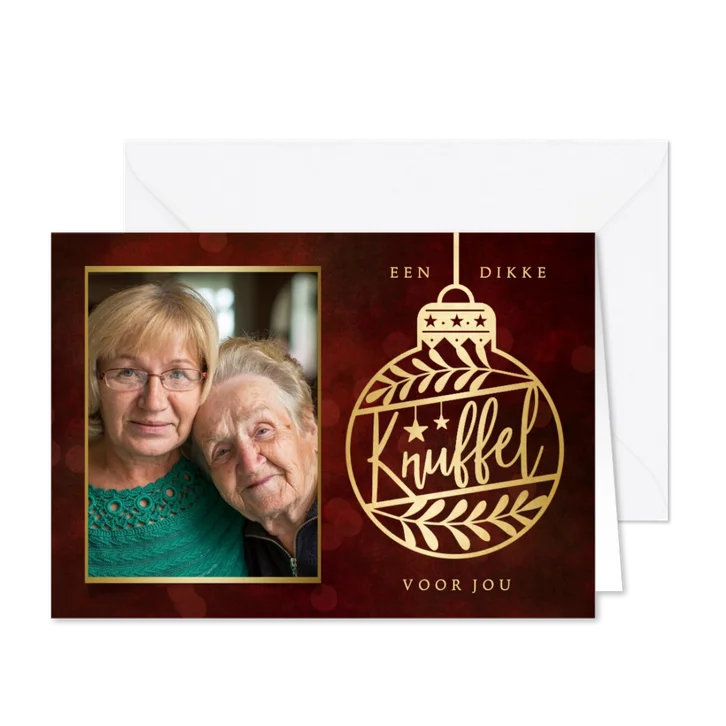 Stijlvolle goudlook kerstknuffel kerstbal kaart met foto