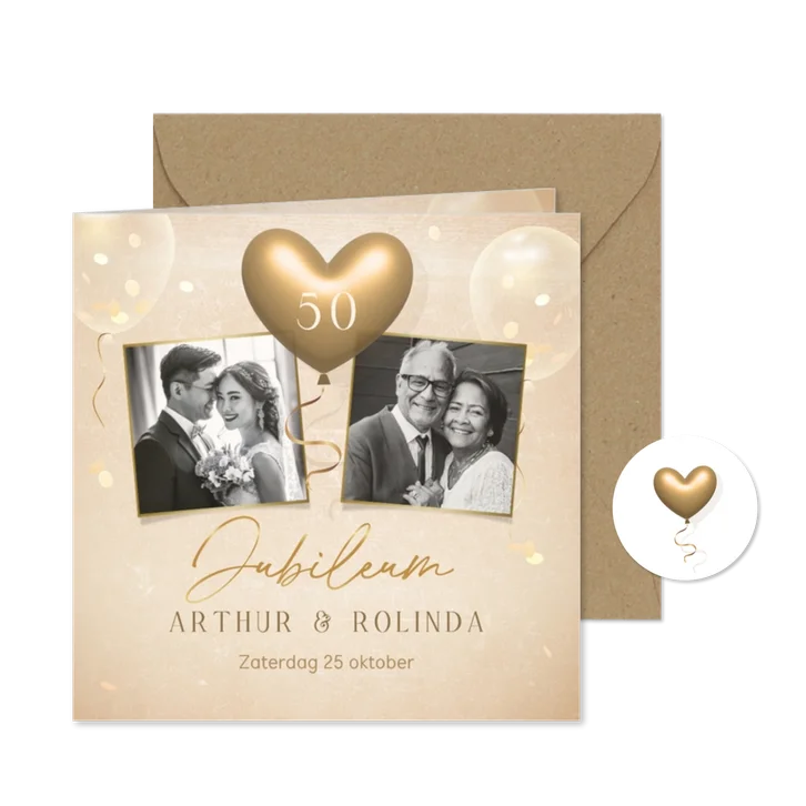 Stijlvolle jubileum uitnodiging met foto's en hartjes ballon