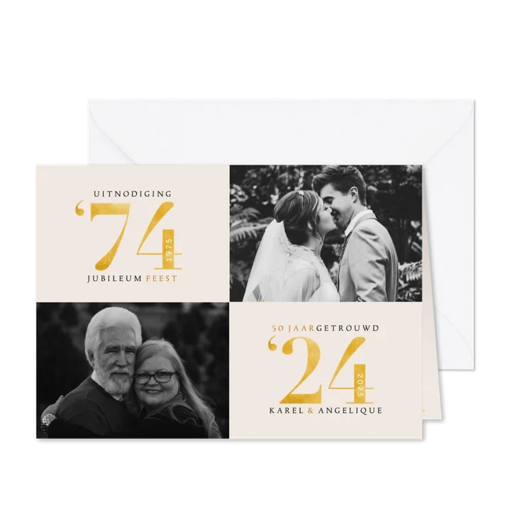 Stijlvolle jubileum uitnodiging met foto's en goudlook