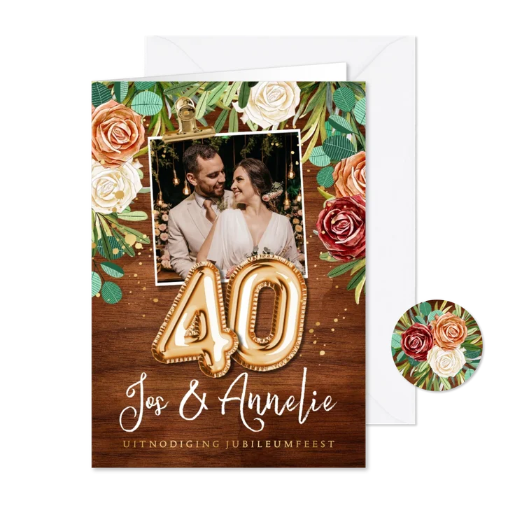 Stijlvolle jubileumkaart 40 jaar getrouwd hout goud