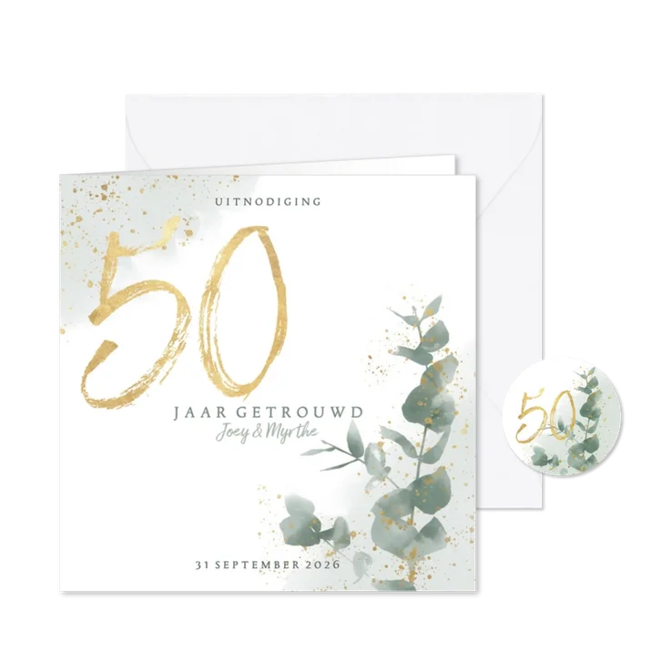 Stijlvolle jubileumkaart 50 jaar waterverf, spetters & takje