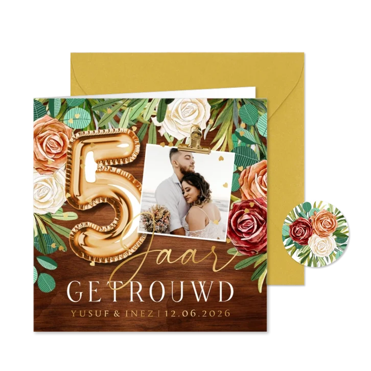 Stijlvolle jubileumkaart 5jaar getrouwd hout botanisch goud